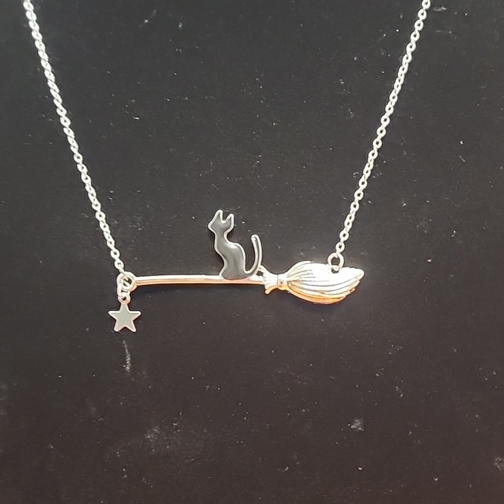 Halloween Necklace Black Cat Riding On Broom
